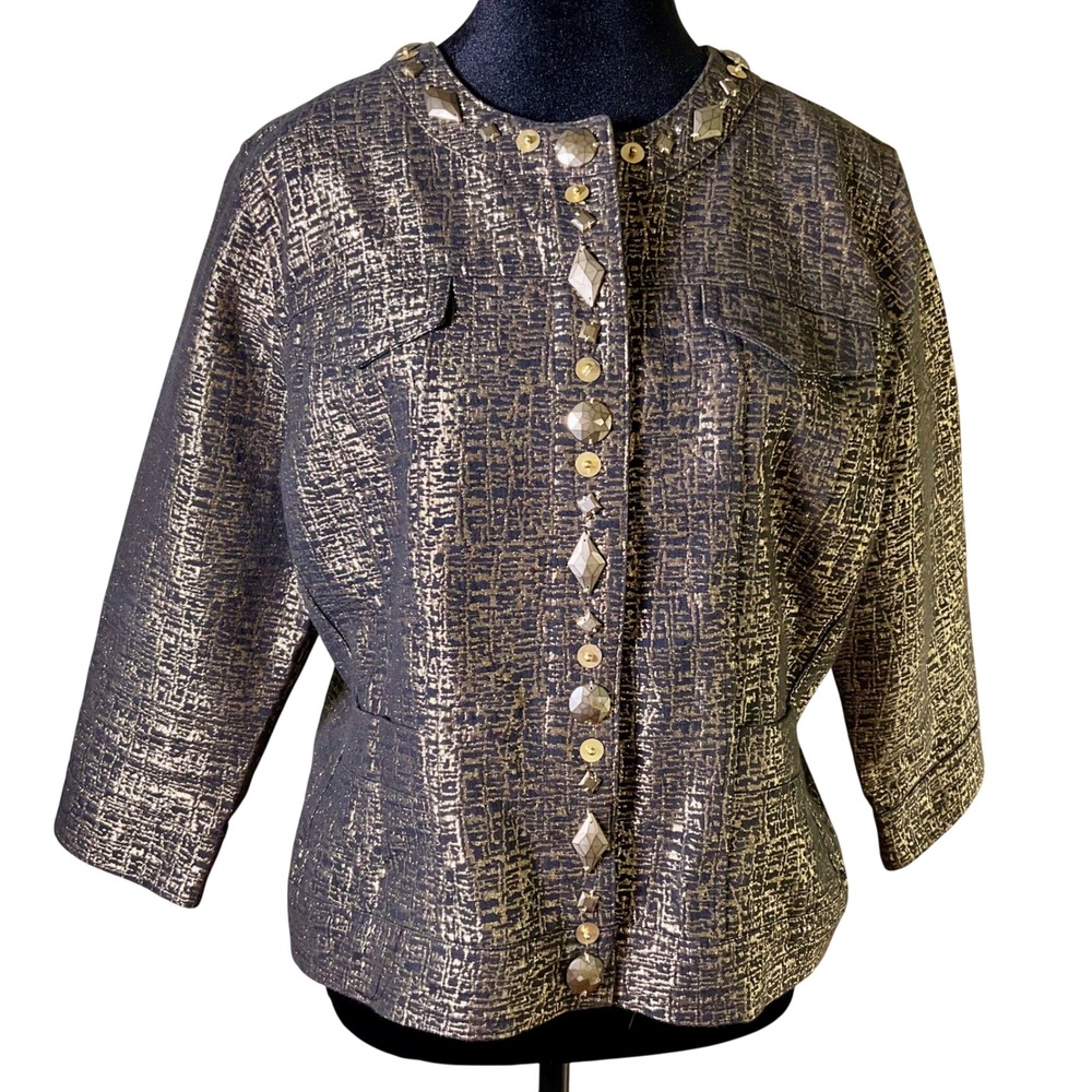 Ruby Rd Metallic Gold Brocade 3/4 Slv. Jacket 16P Embellished Rhinestone Shimmer